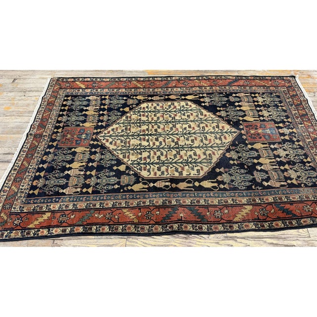 Navy Blue 1890s Small Deep Blue Classic Vase Medallion Antique Senneh Knotted Wool Rug For Sale - Image 8 of 8