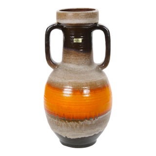 Large Mid-Century West German Porcelain Vase, Orange, Beige & Brown, 18" Tall For Sale
