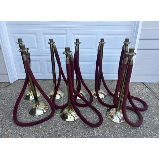 Vintage Mid Century Solid Heavy Brass Glaro Red Velvet Stanchions for Movie Theatre, Security, Set of Eight For Sale - Image 9 of 9
