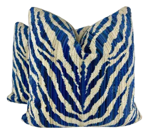 Dransfield & Ross Zebra in Blue Epingle Velvet 22" Pillows-A Pair