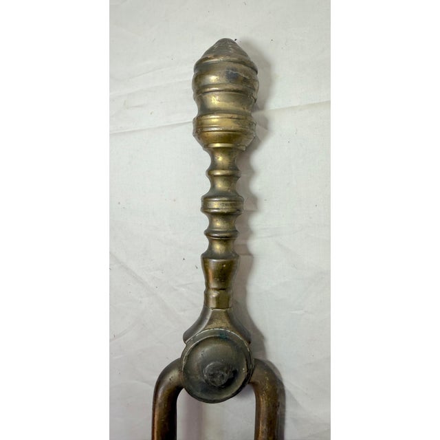 Antique 18th Century Wrought Iron Turned Brass English Fireplace Tongs Tool 2 For Sale - Image 4 of 10
