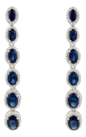 Deep Bright Blue Sapphire Diamond Halo Long Gold Earrings- 2 Pieces