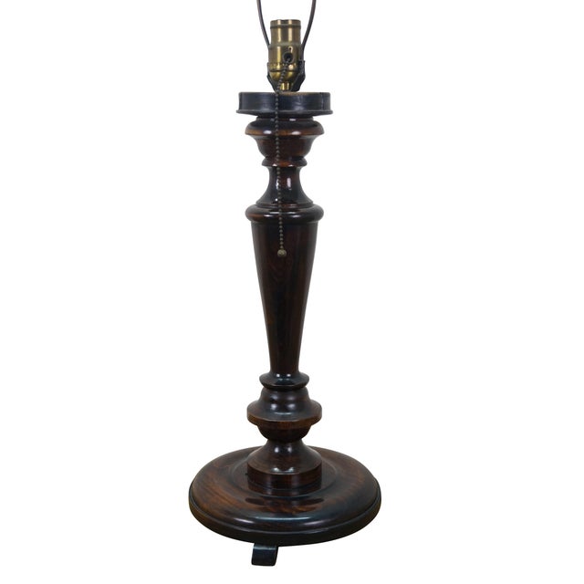 English Antique Turned Mahogany Candlestick Trophy Column Table Lamp 28" For Sale - Image 3 of 12
