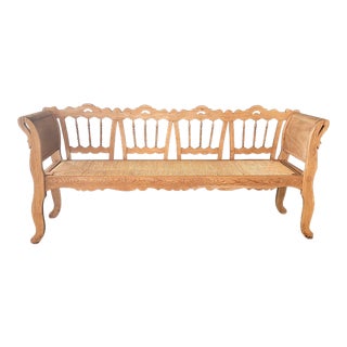 Carved Pine Swan Neck Bench Settee With Rush Seat For Sale