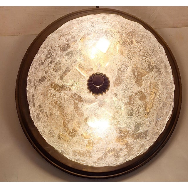 Vintage Ceiling Lamp with Brass Frame and Ice Glass Lampshade, 1970s For Sale - Image 3 of 7