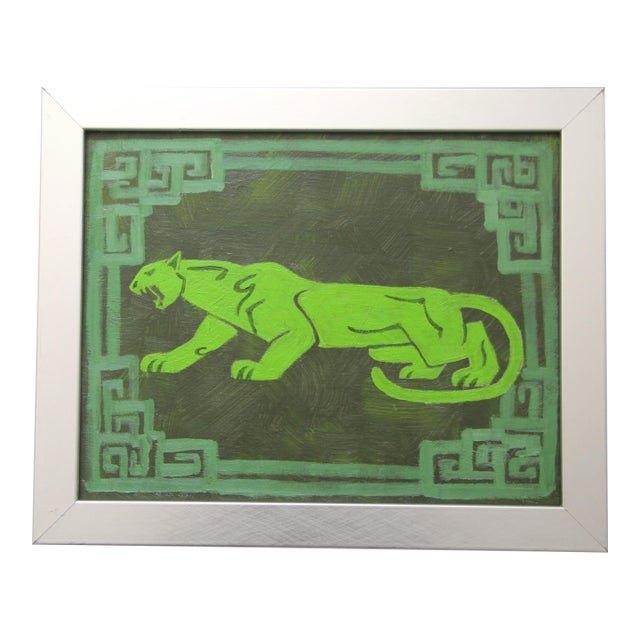 Leopard Panther Minimalism Art Deco Chinoiserie Green Original Oil Paiting by Cleo Plowden For Sale