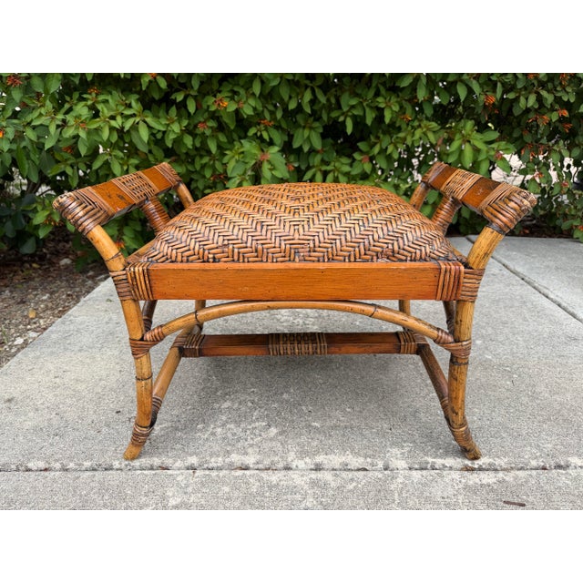 English Vintage Palm Beach Woven Rattan & Bamboo Ottoman Foot Stool For Sale - Image 3 of 10