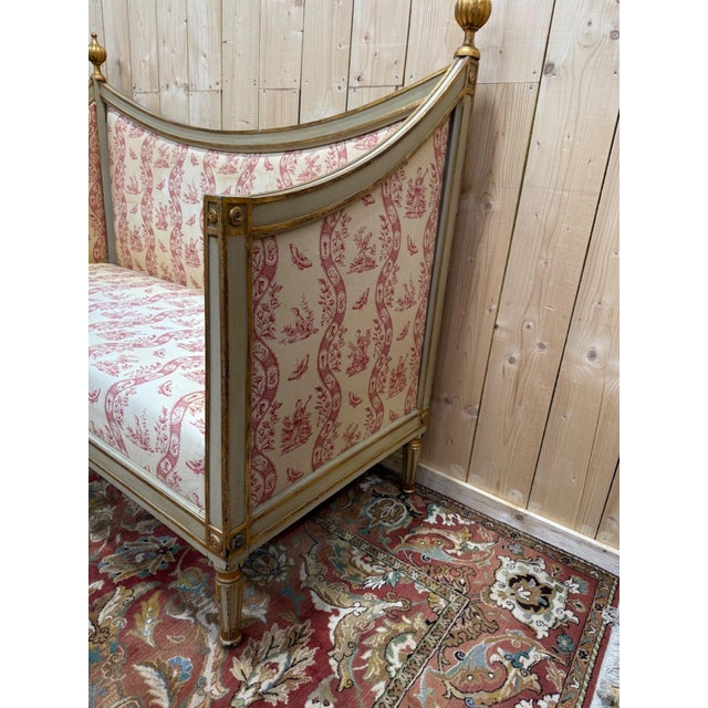 Louis XVI Living Room Sofa and Bergère Chairs in Painted Wood and Toile de Jouy, Set of 3 For Sale - Image 4 of 14