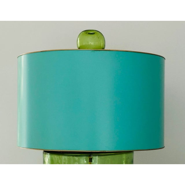 Metal Vintage Stray Dog Design Contemporary Style Handblown Art Glass Lamp With Blue Tole/Metal Drum Shade For Sale - Image 7 of 12
