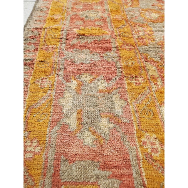 Antique Oushak Handmade Turkish Oriental Saffron, Coral & Light Blue Rug For Sale In New York - Image 6 of 12