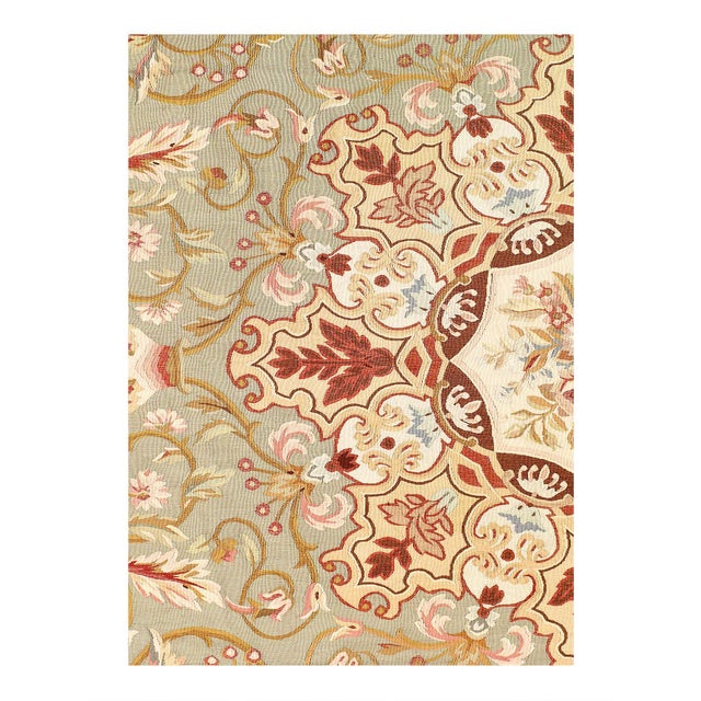 Delight in the plush wool & silk of this Chinese Aubusson Oriental rug. This wool rug is hand-knotted for durability, and...