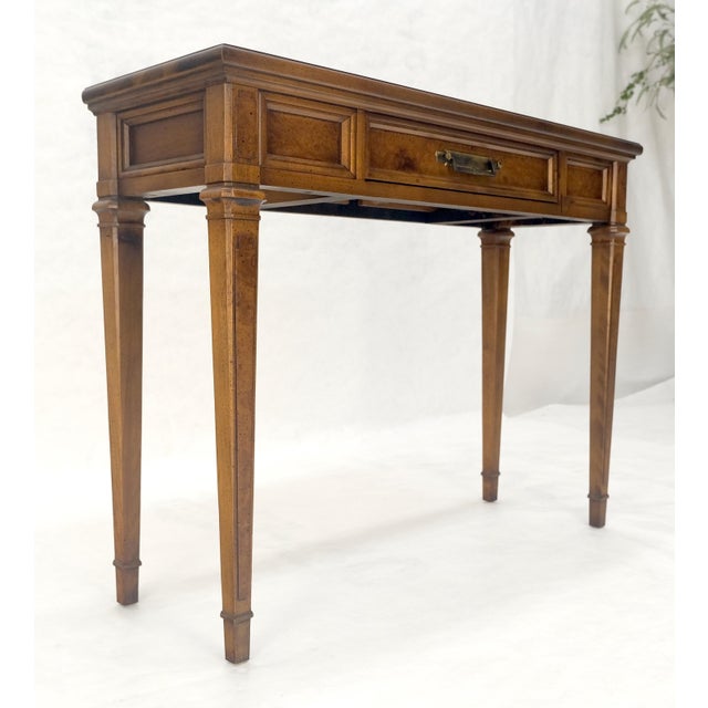 Late 20th Century Very Fine Burl Wood Compact One Drawer Tapered Legs 36" Wide Console Table MINT For Sale - Image 5 of 17