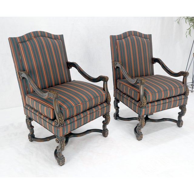 Pair of Carved Bases & Arms Striped Upholstery Fire Side Arm Lounge Chairs MINT! For Sale - Image 15 of 18