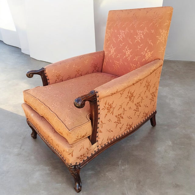 Wood 1920s Victorian Carved Walnut Armchair and Ottoman For Sale - Image 7 of 12