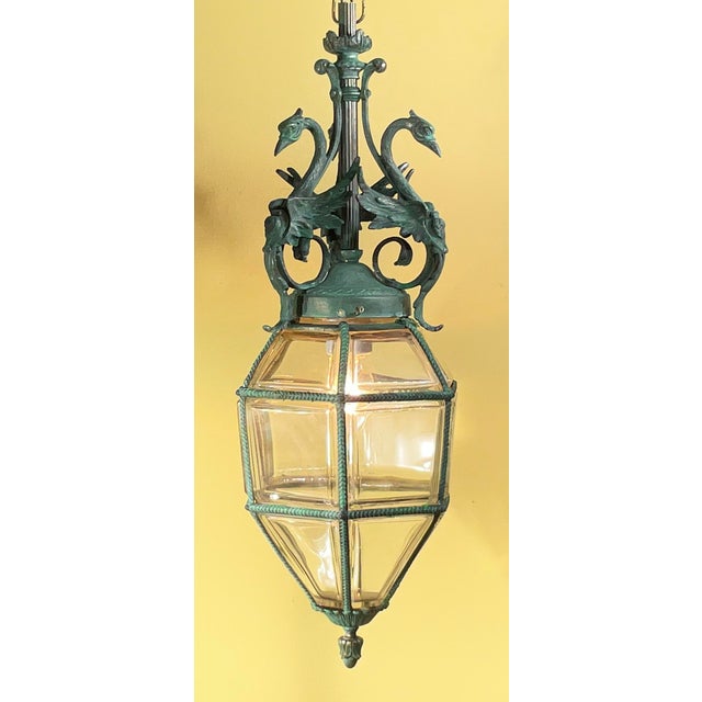 Antique Neoclassical Bronze Hanging Lantern / Pendent With Ornate Swan Motif For Sale - Image 4 of 17