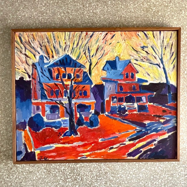 A fantastic vintage Boho original oil painting on canvas. A chic Abstract Expressionist composition in radiant colors. A...