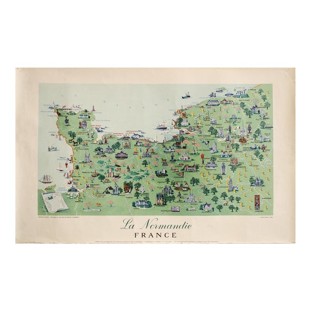1955 French Original Map - La Normandie, France For Sale