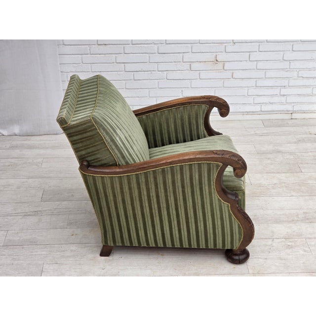 Vintage Danish Carved Oak Lounge Chair with Green Velour Upholstery, 1950s For Sale - Image 11 of 18