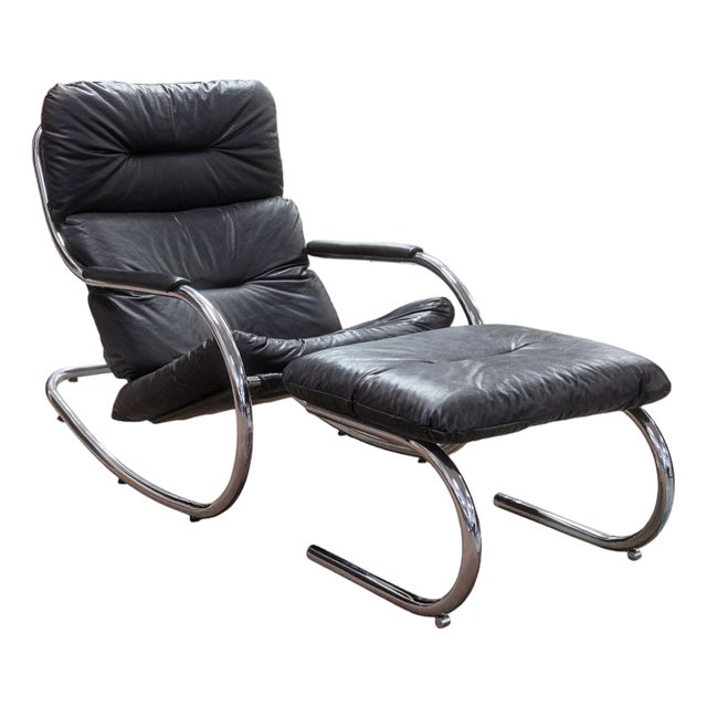 Milo Baughman for Dia Black Leather and Tubular Chrome Vintage Rocker & Ottoman For Sale