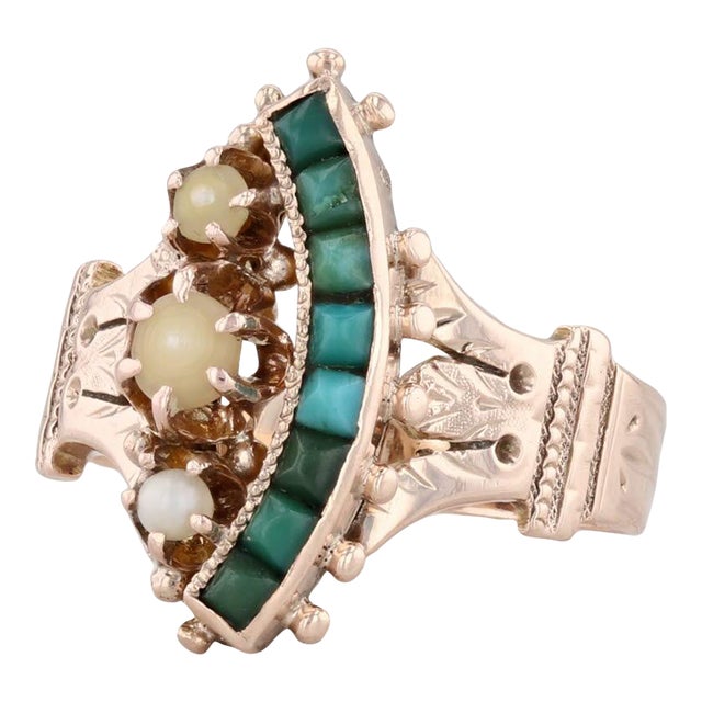 Victorian Pearl Green Stone Ring 14k Rose Gold Size 3.5 Ornate Antique For Sale