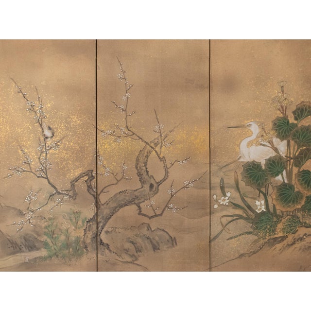 "Egrets and Sparrow", C. 1950s Japanese Yamato-E Style Byobu Screen For Sale In Dallas - Image 6 of 18