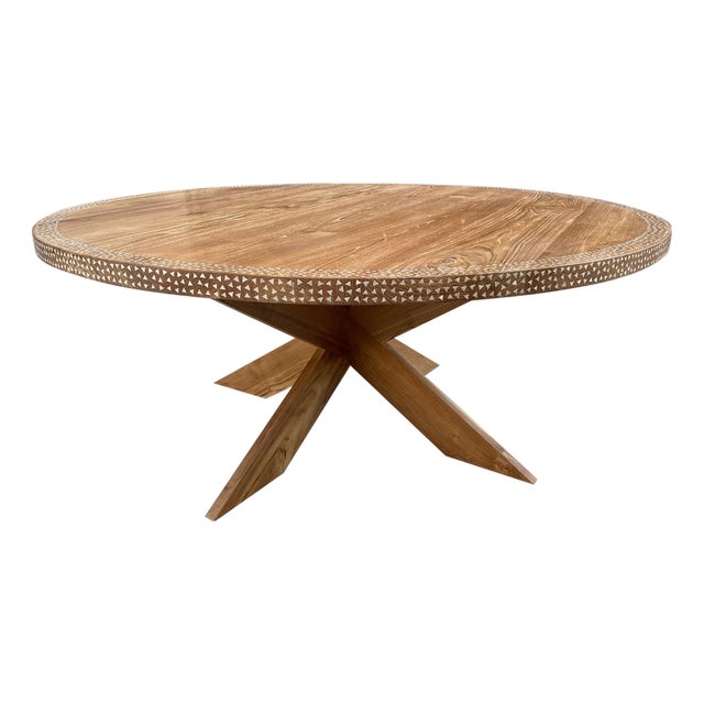 Andrianna Shamaris Round Shell Inlaid Teak Wood Dining Table For Sale