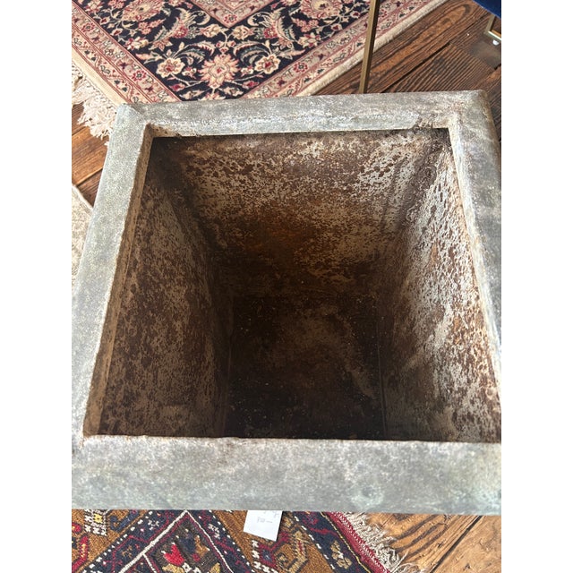 Nice pair of weathered zinc planters, one large and the other smaller. Handsome patina on both. Large is 20.5 square x 20...