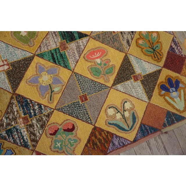 Very Pretty Multi Colored Floral Tumbling Block Pattern Set on a a Light Yellow Tan Background Vintage Signed Sg and Dated 1950 American Hooked Rug For Sale - Image 15 of 15