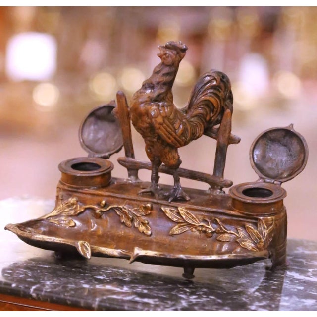 19th Century French Patinated and Gilt Spelter Rooster Inkwell Desk Set For Sale In Dallas - Image 6 of 10