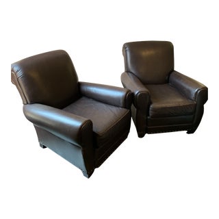 Mitchell Gold Brown Leather Club Chairs - A Pair For Sale