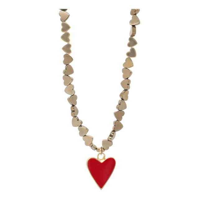 Red Heart Pendant Gold Hematite Stone Heart Shape Chain Necklace For Sale