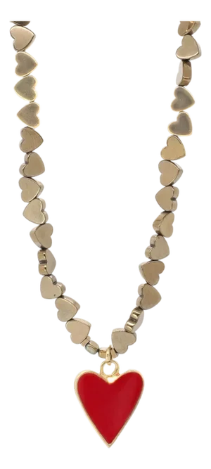 Red Heart Pendant Gold Hematite Stone Heart Shape Chain Necklace
