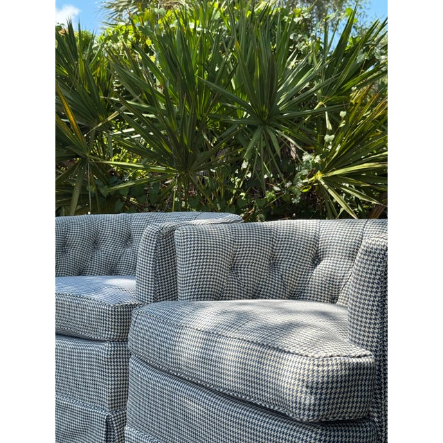 Pair of Vintage Blue & White Houndstooth Tufted Club Chairs For Sale - Image 4 of 8