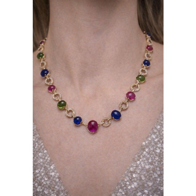 Gemstone Bochic “Capri” Vintage Ruby & Multi Color Sapphire Necklace In 18K Gold & Silver For Sale - Image 7 of 15