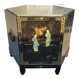 Monumental Vintage Chinoiserie Hexagon Asian Black Lacquered Ming Mother of Pearl Pagoda Planter Pot