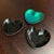 Trio of petite Danish modern, colored enamel, sterling silver, heart-shaped stacking dishes in shimmering green and glossy...