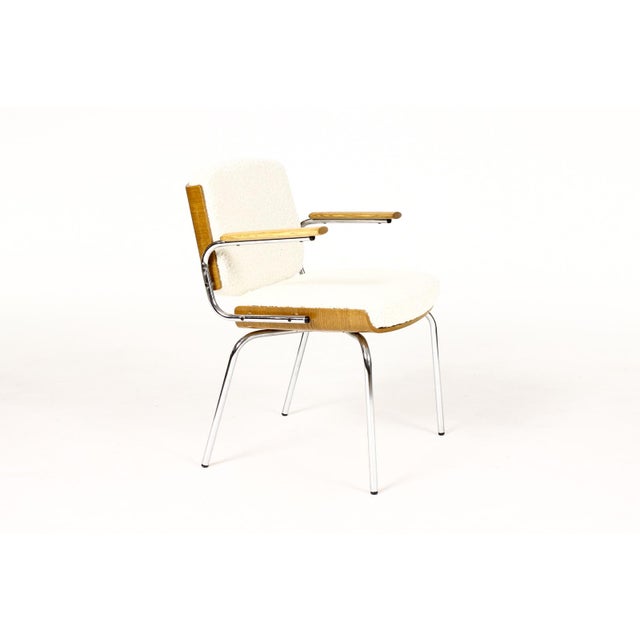 1960s Danish Modern / Mid Century Arm Chairs — Attributed to Duba Møbelindustri — Chrome + Oak + Natural Bouclé For Sale - Image 4 of 10