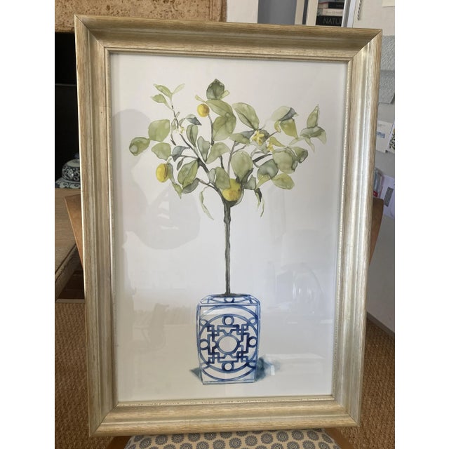 Stunning pair of framed Fruit Tree Decorative Prints. Featuring delicately stylized trees rendered in soft, green neutral...