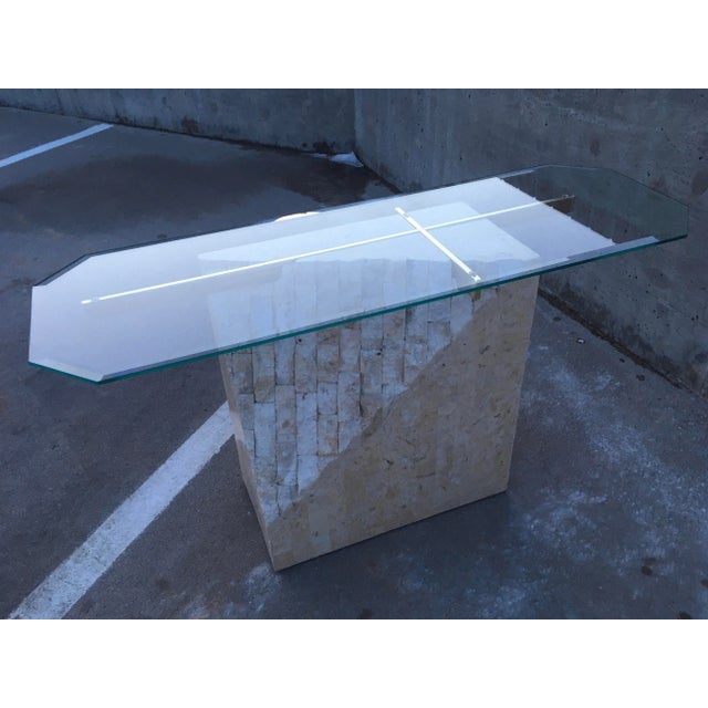 Postmodern Brass & Glass Pedestal Console Sofa Table in Tessellate Stone For Sale - Image 9 of 12