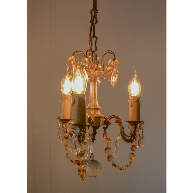 Small French Brass Chandelier in Amber Crystal, 1960s For Sale - Image 4 of 10