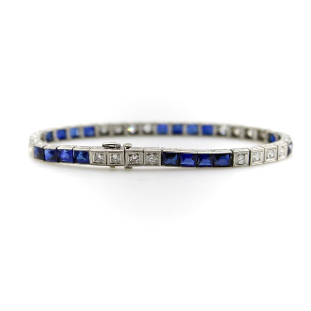 Art Deco Art Deco Diamond and Sapphire Platinum Line Bracelet For Sale - Image 3 of 10