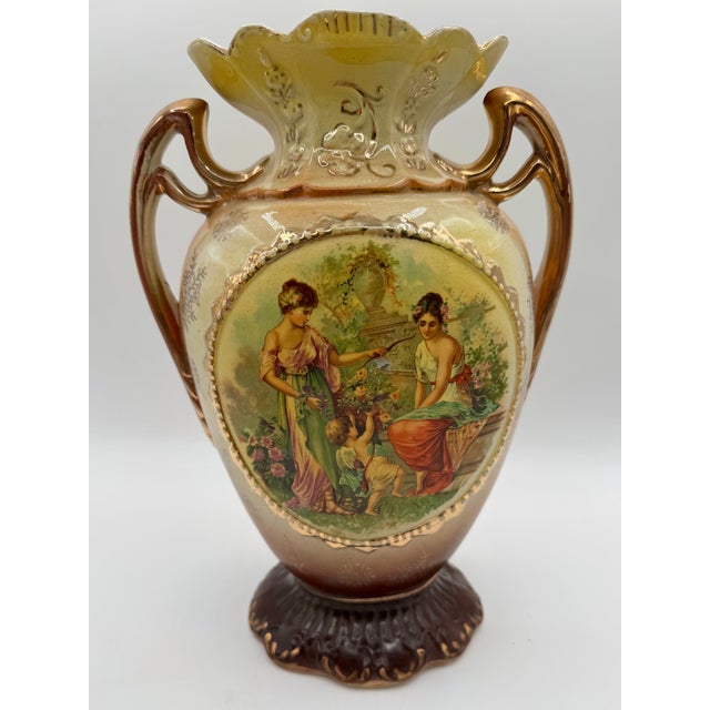 Victorian Pair of Victorian Ceramic Porcelain Urns/ Vases Figural Scene & Rose Back Transfers #848 For Sale - Image 3 of 18