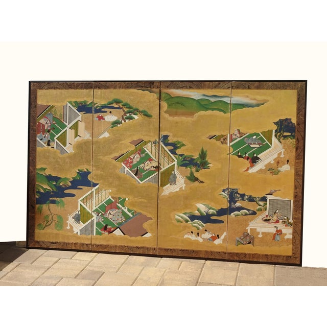 Japanese 1800s Japanese Four Panel Screen Picture Genji Tokugawa W Letter of Authenticity For Sale - Image 3 of 15