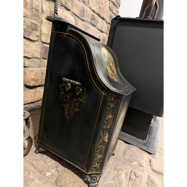 Antique French Tole Painted Coal Scuttle With Pastoral Scenes & Gilt Details For Sale - Image 4 of 12