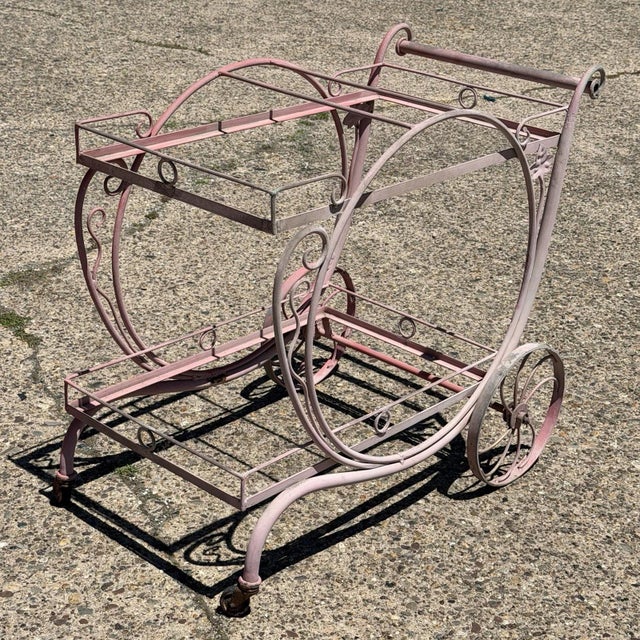 Art Nouveau Antique Salterini Mt Vernon Wrought Iron Art Nouveau Pink Serving Bar Tea Cart For Sale - Image 3 of 16