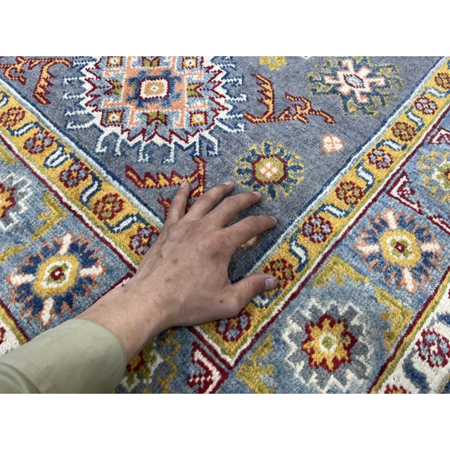 Textile Slate Gray Kazak Style Rug With Floral Medallions and Blue Border, 3'3" X 4'9" For Sale - Image 7 of 13