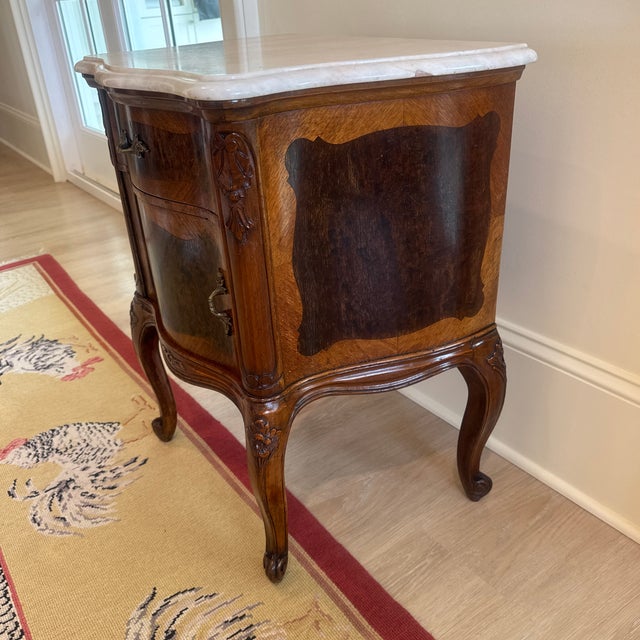 French Provincial 1930s French Provincial Marble-Top Nightstand – Elegant Louis XV Revival For Sale - Image 3 of 7
