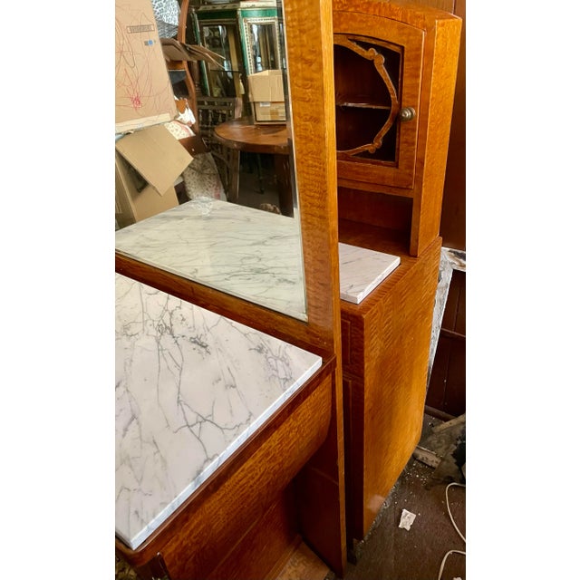 Early 20th Century Art Deco Burled Veneer Marble Top Ormolu Stand W/Tall Mirror Cabinet & Drawers For Sale - Image 10 of 12