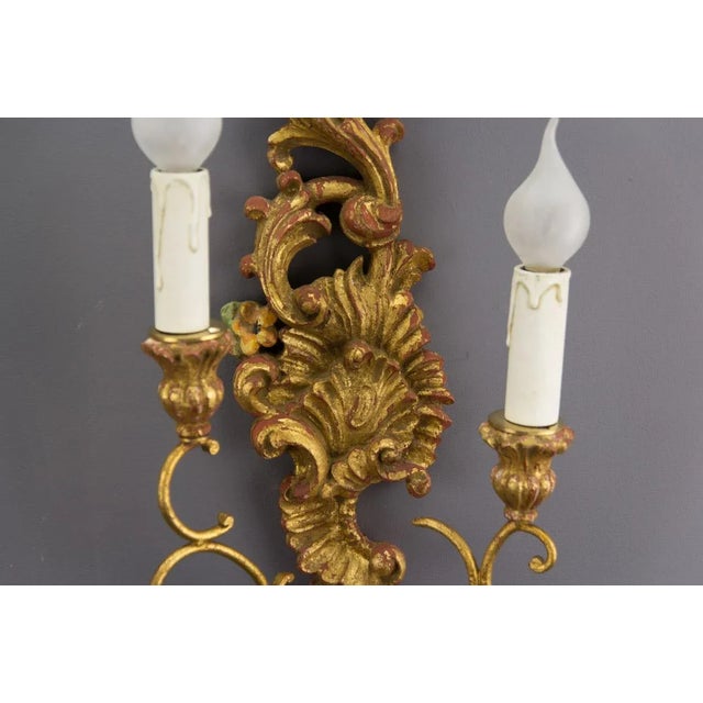 Wood Rococo Style Carved and Polychrome Painted Wooden Sconces, 1930s, Set of 2 For Sale - Image 7 of 18