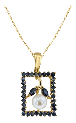 Freshwater Pearl & Sapphire Flower Necklace 14k Yellow Gold 16"